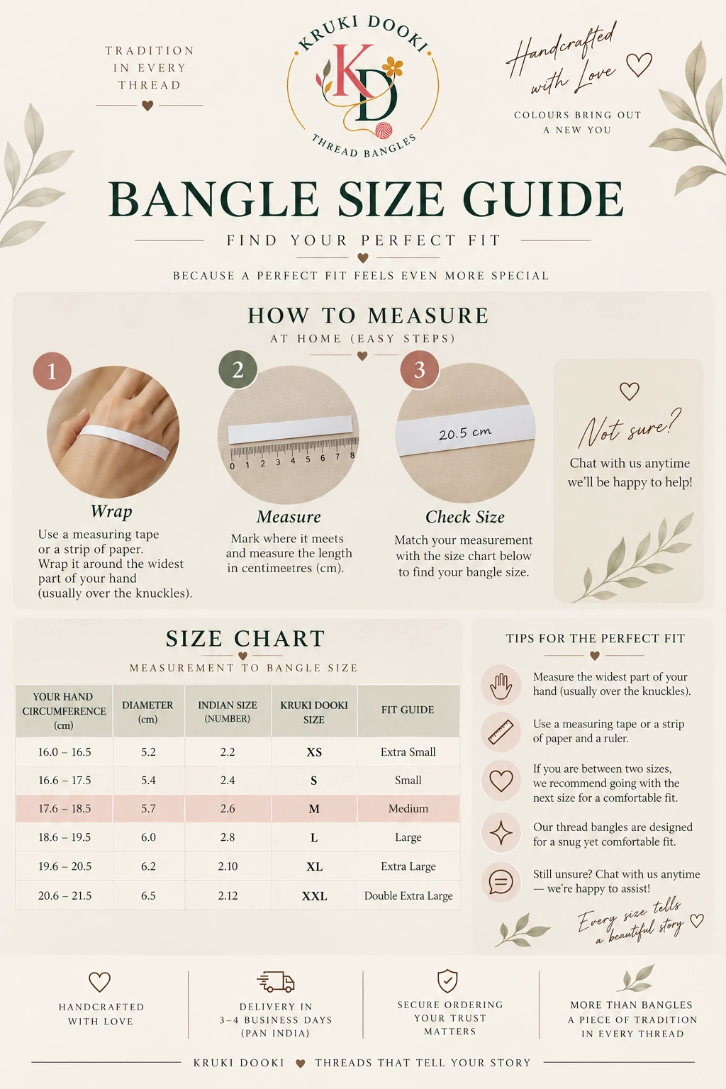 Kruki Dooki bangle size guide showing how to measure your hand and choose Indian bangle sizes from 2.2 to 2.12.